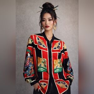 Vintage Bianca Nygard Japanese Geisha Blouse Size M Button Up Satin EUC